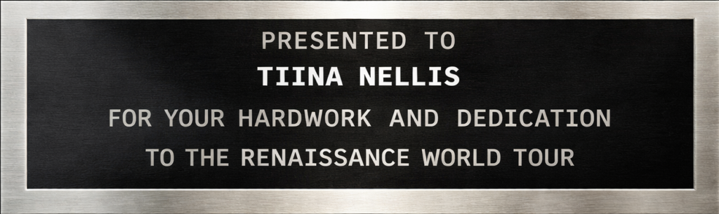 Renaissance World Tour plaque presented to Tiina Nellis