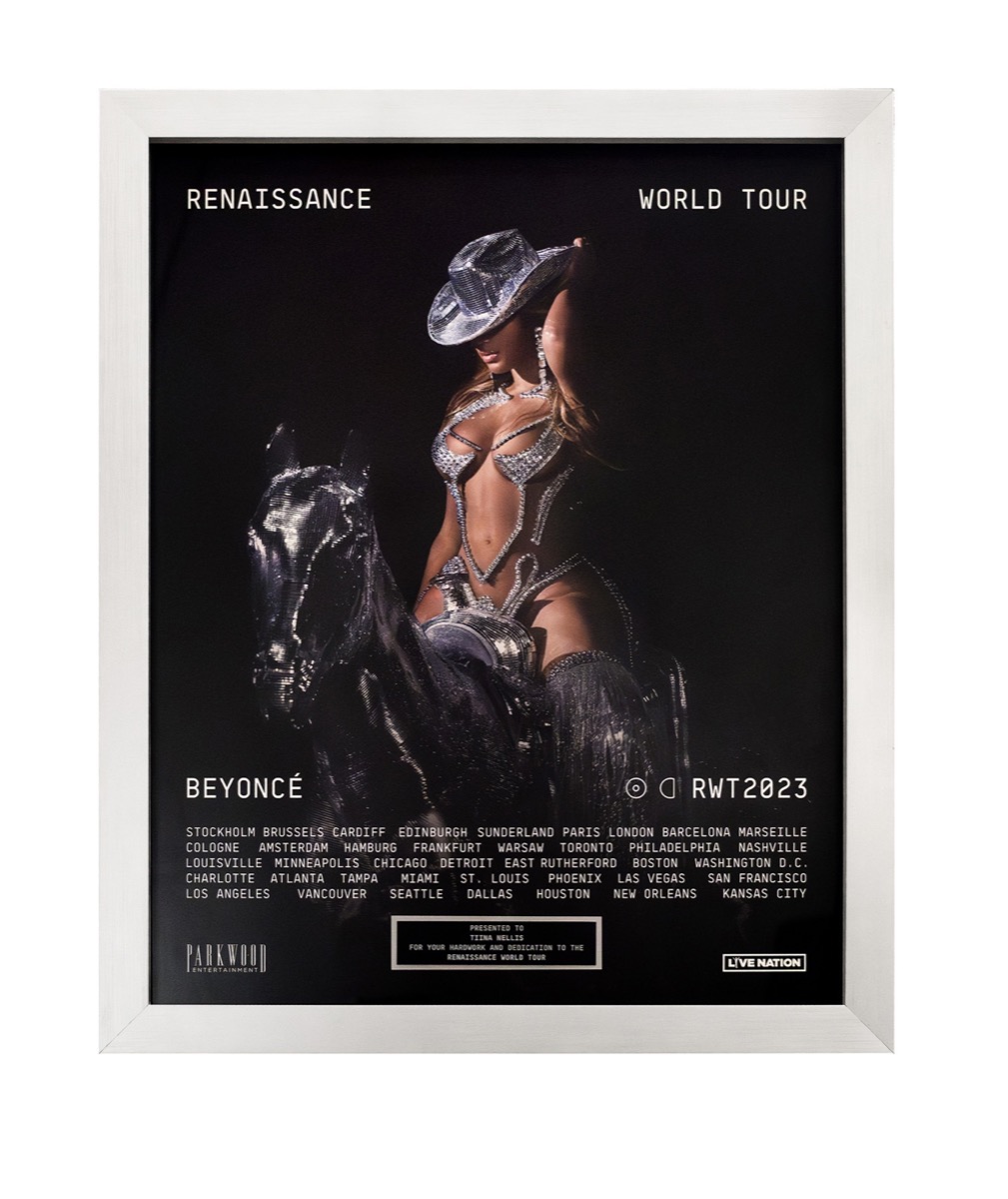 Framed Renaissance World Tour poster presented to Tiina Nellis by Parkwood Entertainment and Live Nation