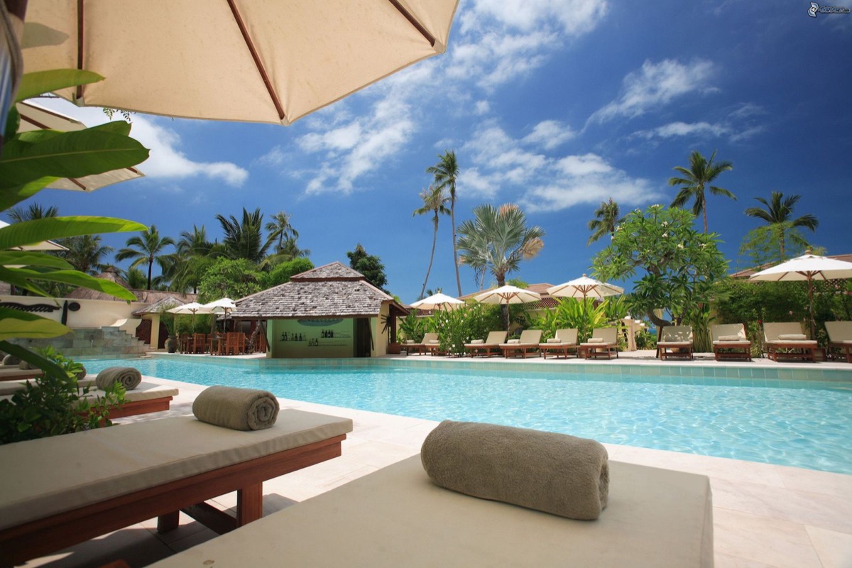 Poolside cabanas at a luxury resort